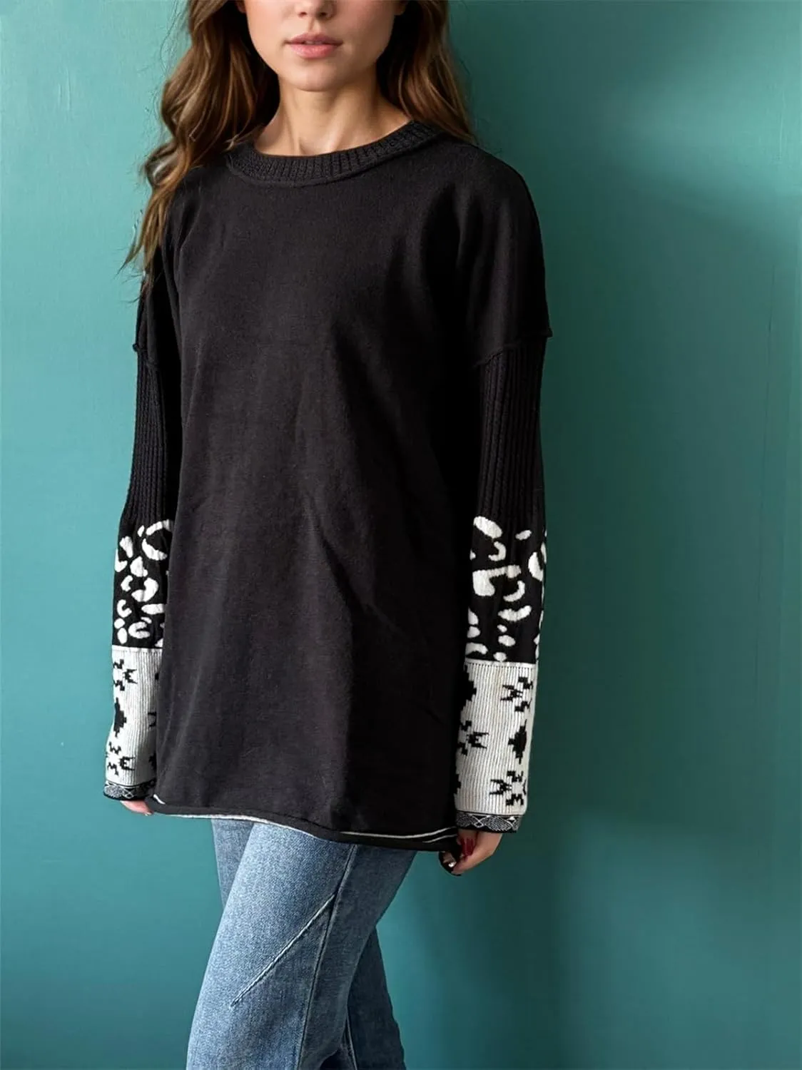 hathne Oversized Sweaters Pullover for Women Leopard Printed Cuff Casual Long Sleeve Knit Tops