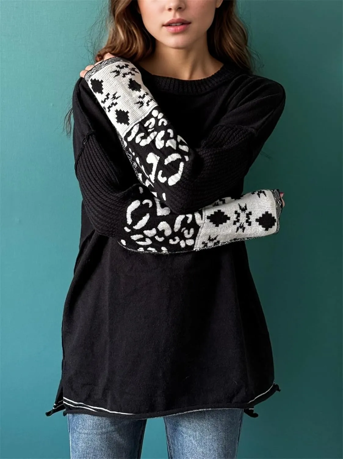hathne Oversized Sweaters Pullover for Women Leopard Printed Cuff Casual Long Sleeve Knit Tops