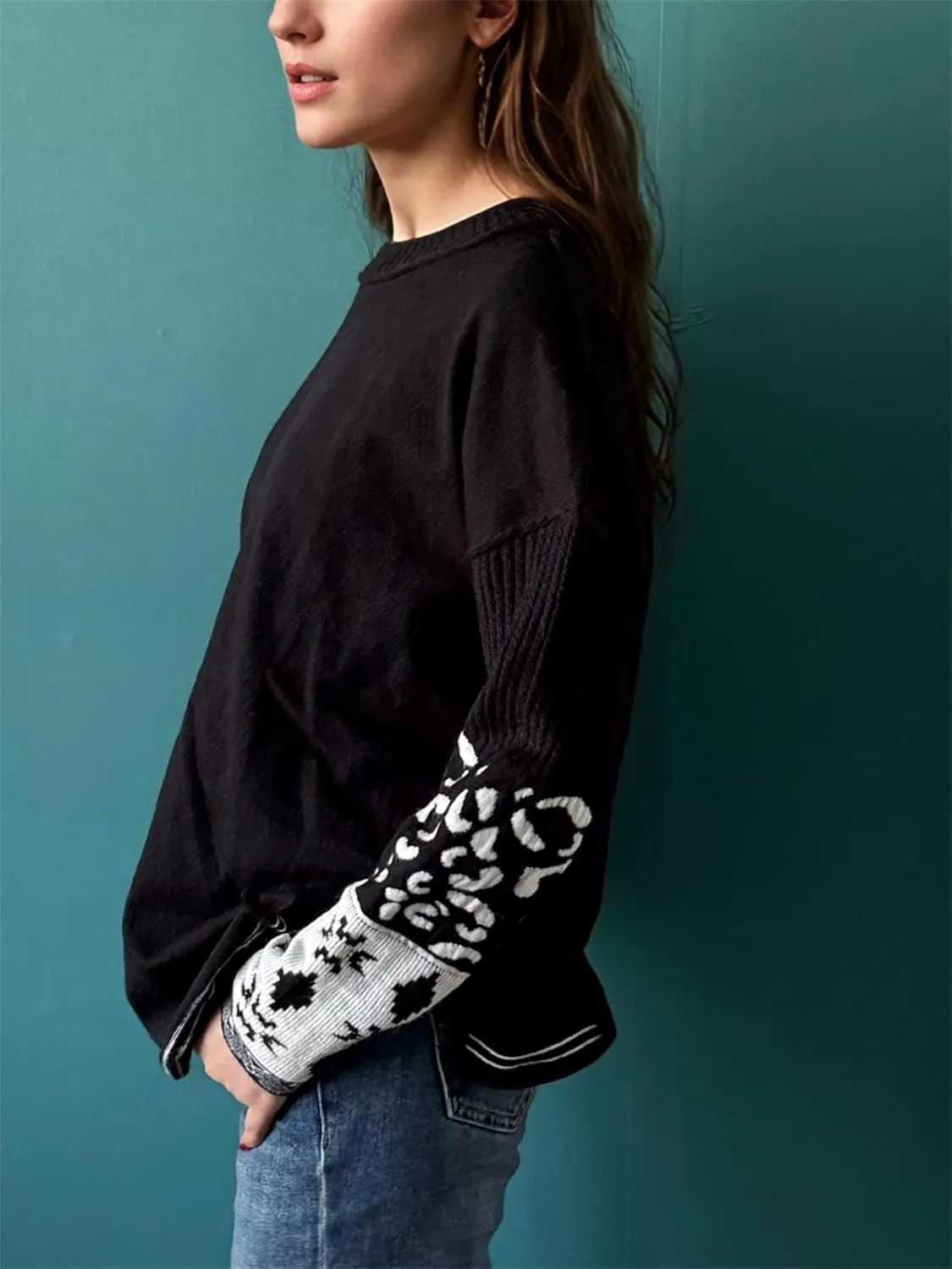 hathne Oversized Sweaters Pullover for Women Leopard Printed Cuff Casual Long Sleeve Knit Tops