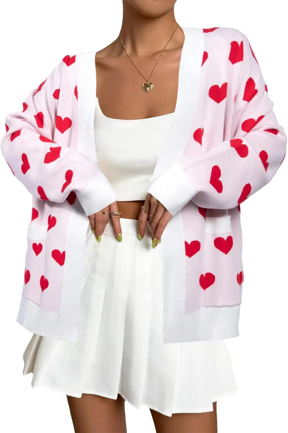 Heart Cardigan Sweater for Women Oversized Valentine Cardigan Cute Love Print Open Front Knit Sweaters Coat with Pockets