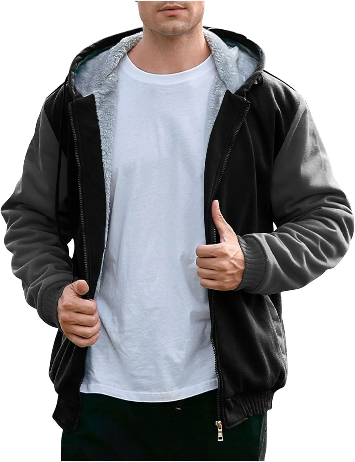 Heavyweight Fleece Hoodies for Men Full Zip Thick Sherpa Lined Sweatshirt Winter Warm Contrast Jackets with Pockets