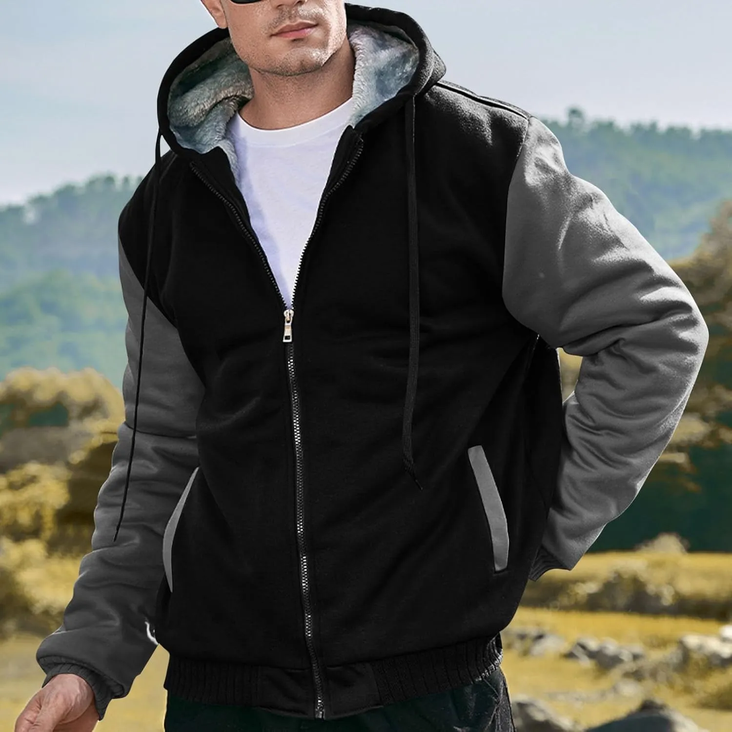 Heavyweight Fleece Hoodies for Men Full Zip Thick Sherpa Lined Sweatshirt Winter Warm Contrast Jackets with Pockets