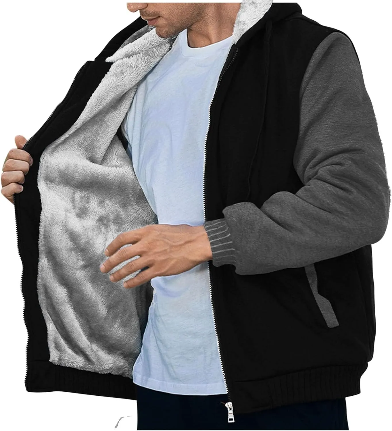 Heavyweight Fleece Hoodies for Men Full Zip Thick Sherpa Lined Sweatshirt Winter Warm Contrast Jackets with Pockets