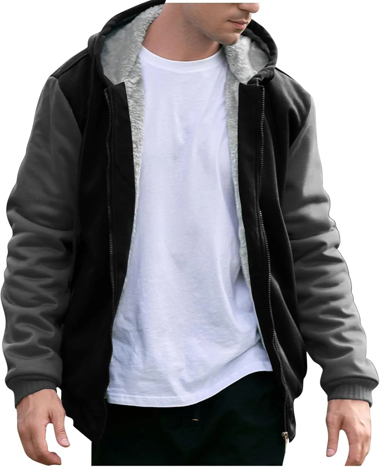 Heavyweight Fleece Hoodies for Men Full Zip Thick Sherpa Lined Sweatshirt Winter Warm Contrast Jackets with Pockets