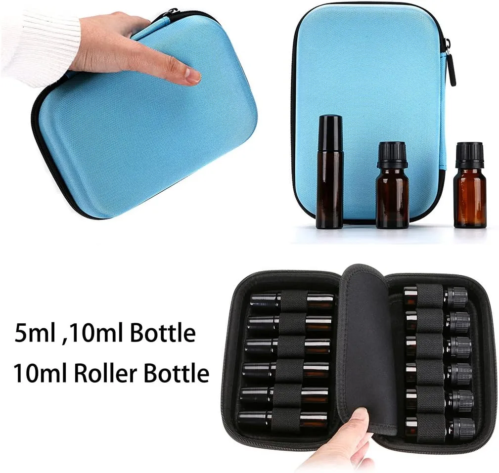 Hipiwe Hard Shell Essential Oil Carrying Case Holds 12 Bottles (Can hold 5ml, 10ml, &10ml Rollers) Travel Size Essential Oils Bag Organizer (Blue)