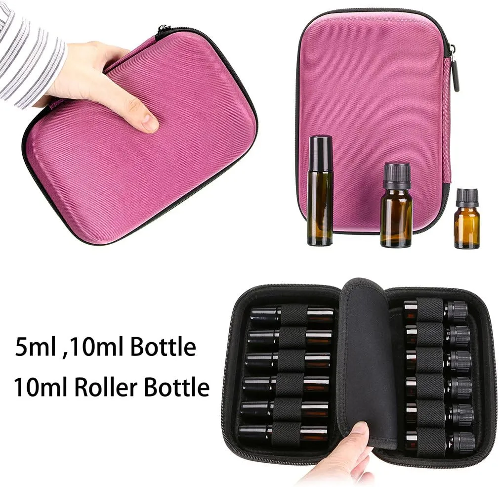 Hipiwe Hard Shell Essential Oil Carrying Case Holds 12 Bottles (Can hold 5ml, 10ml, &10ml Rollers) Travel Size Essential Oils Bag Organizer (Pink)