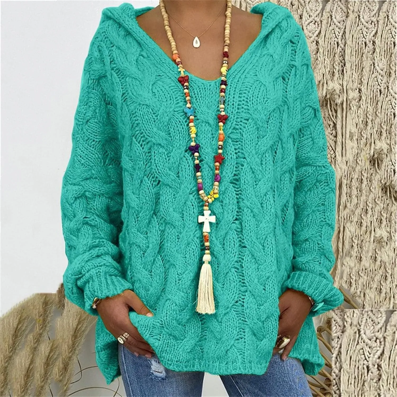 Hooded Sweater for Women Chunky Cable Knit Oversized Hoodies Long Sleeve V Neck Pullover Top Casual Loose Warm Jumper