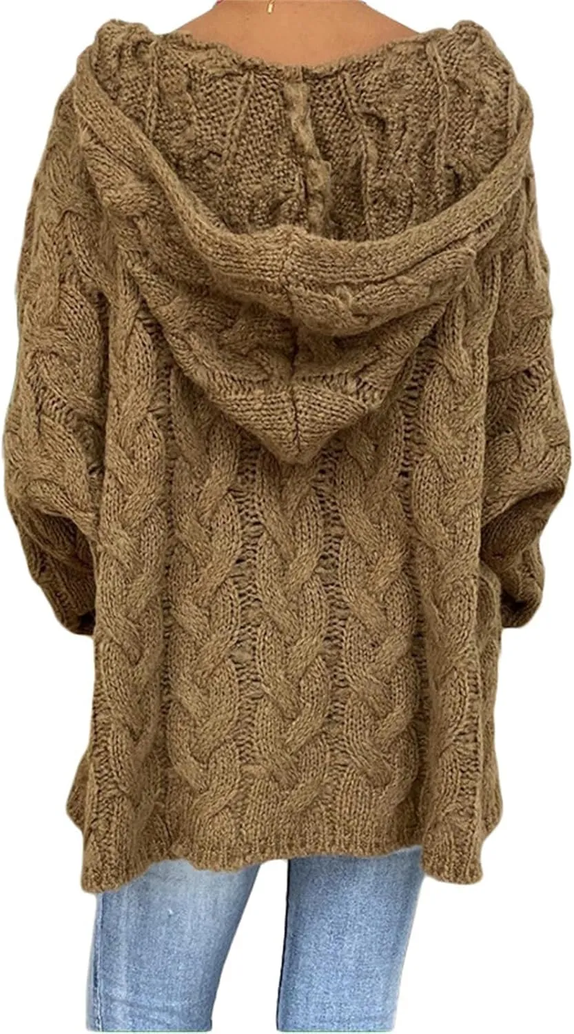 Hooded Sweater for Women Chunky Cable Knit Oversized Hoodies Long Sleeve V Neck Pullover Top Casual Loose Warm Jumper