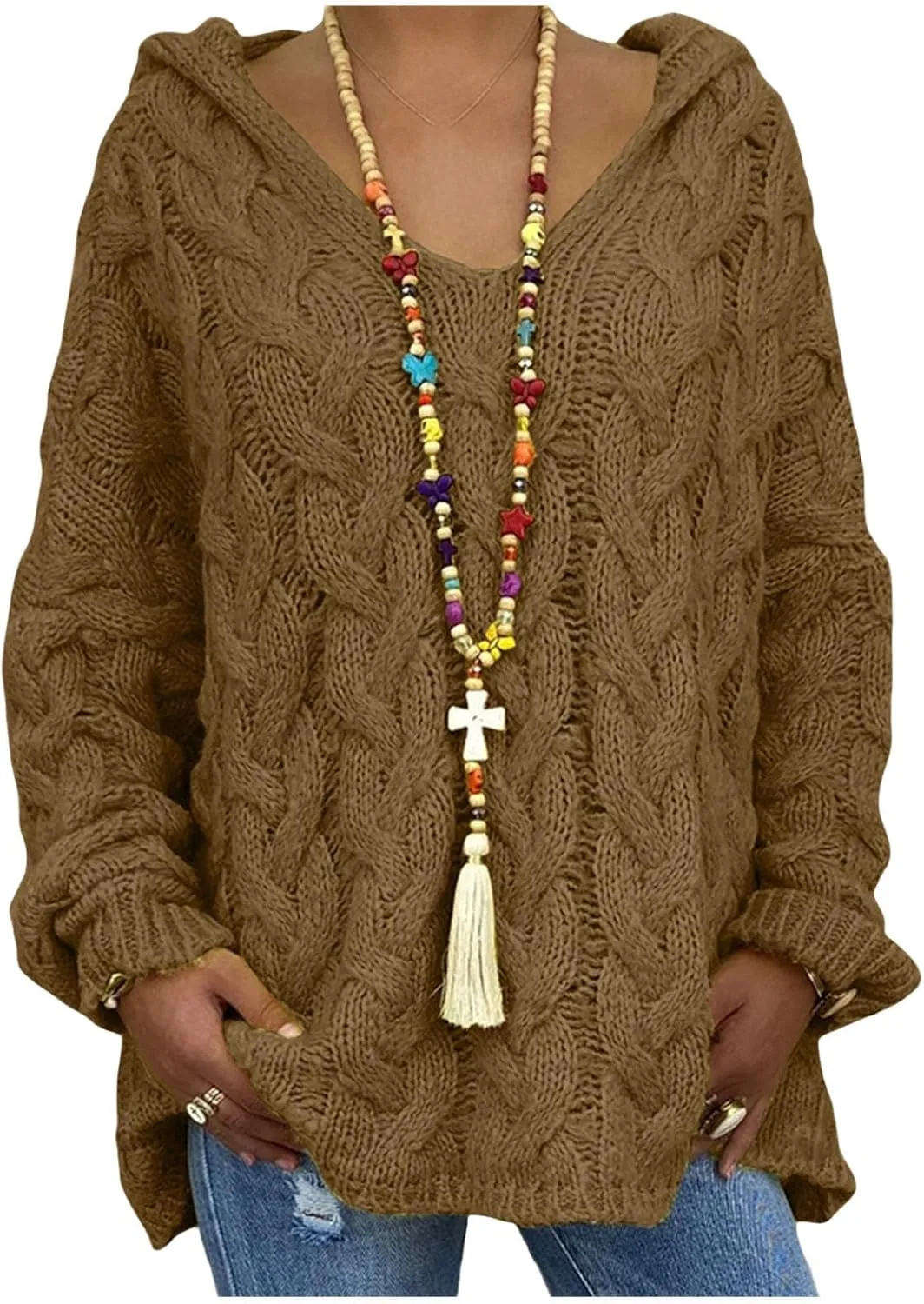 Hooded Sweater for Women Chunky Cable Knit Oversized Hoodies Long Sleeve V Neck Pullover Top Casual Loose Warm Jumper