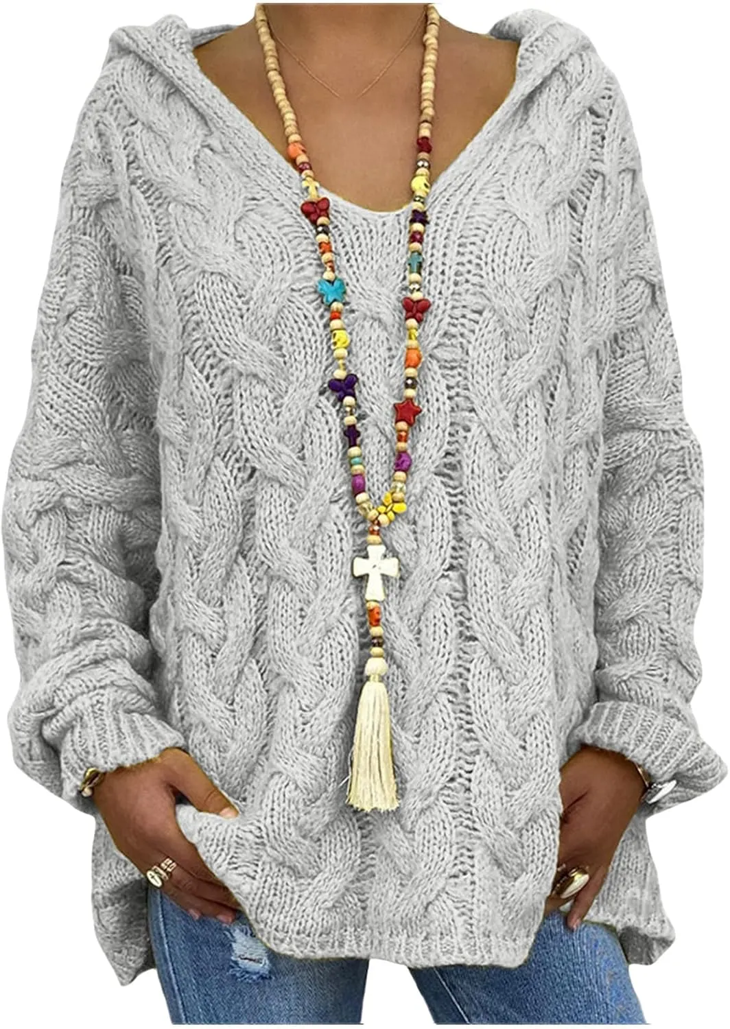 Hooded Sweater for Women Chunky Cable Knit Oversized Hoodies Long Sleeve V Neck Pullover Top Casual Loose Warm Jumper