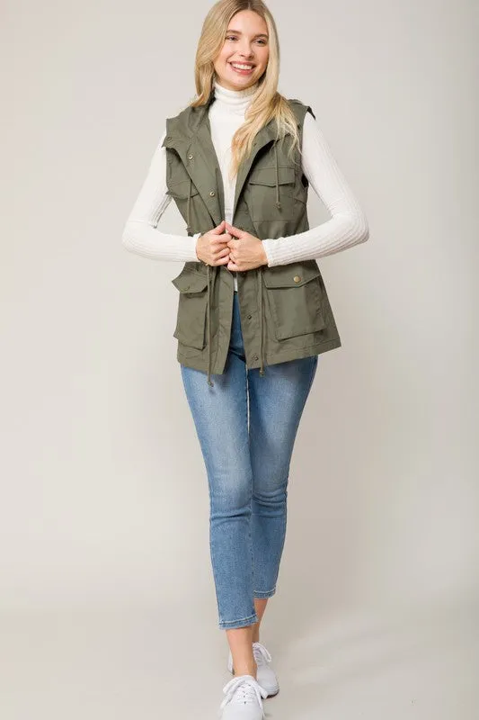Hoodied Military Anorak Utility Vest Jacket