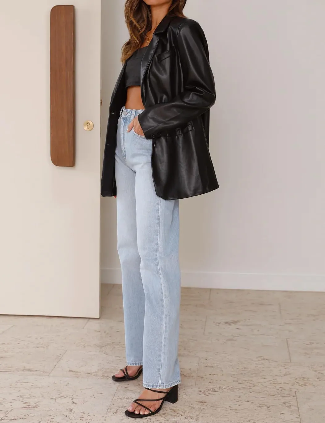 IDEALSANXUN Womens Leather Blazer Casual Oversized Faux Leather Jackets Fall Winter Coat