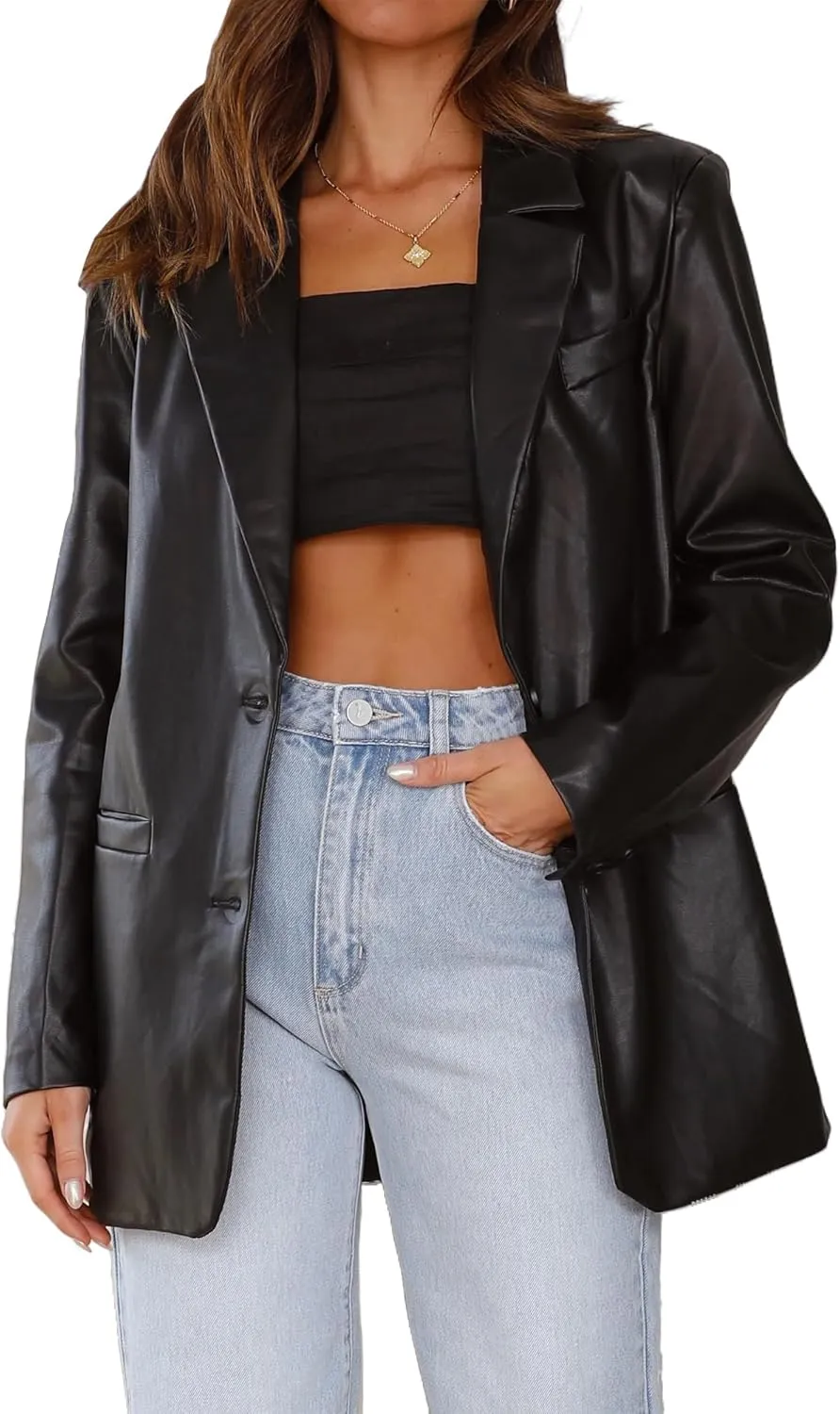 IDEALSANXUN Womens Leather Blazer Casual Oversized Faux Leather Jackets Fall Winter Coat