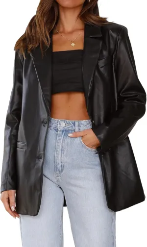 IDEALSANXUN Womens Leather Blazer Casual Oversized Faux Leather Jackets Fall Winter Coat