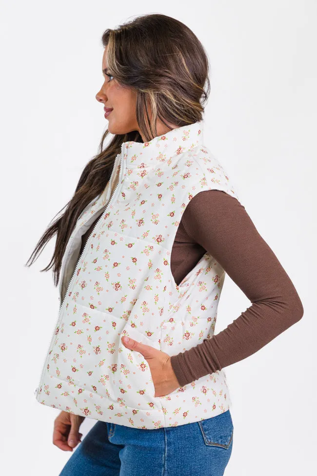 In A Bubble Ivory Floral Puffer Vest FINAL SALE