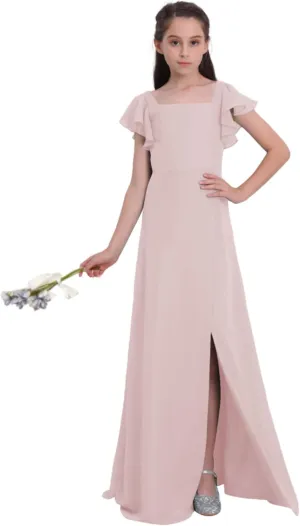 Junior Girls Bridesmaid Dress for Wedding Chiffon Short Sleeve Flower Girl Dresses for Teens with Slit UJR010