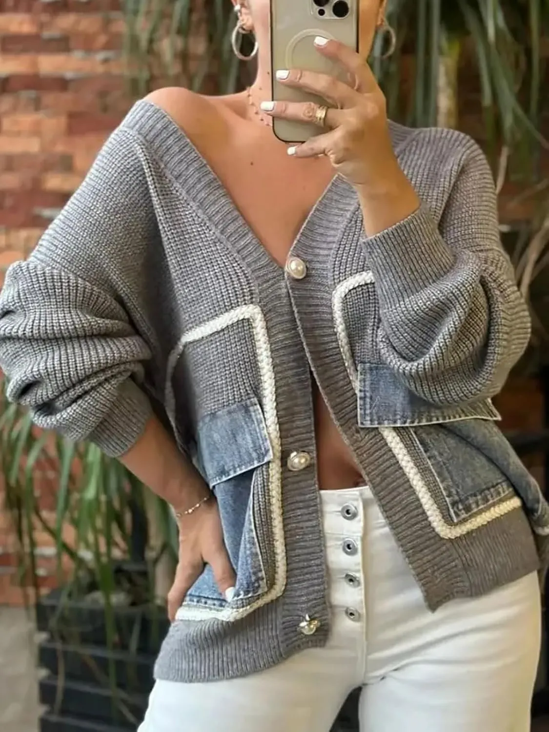 KANSOON Cardigan Sweaters for Women Casual Open Front Button Down Denim Patchwork Loose Knit Outerwear with Pockets