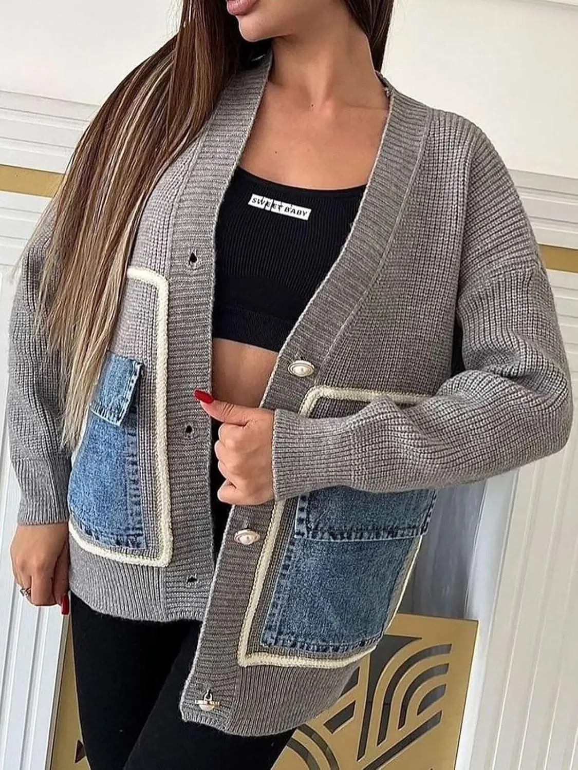 KANSOON Cardigan Sweaters for Women Casual Open Front Button Down Denim Patchwork Loose Knit Outerwear with Pockets