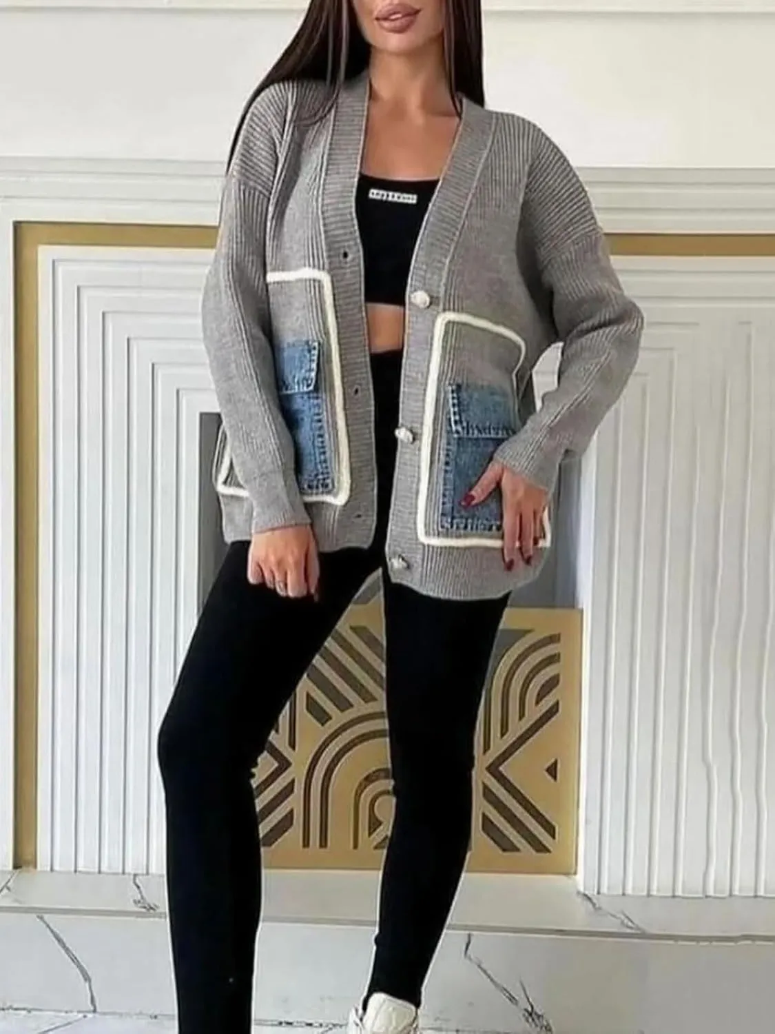 KANSOON Cardigan Sweaters for Women Casual Open Front Button Down Denim Patchwork Loose Knit Outerwear with Pockets