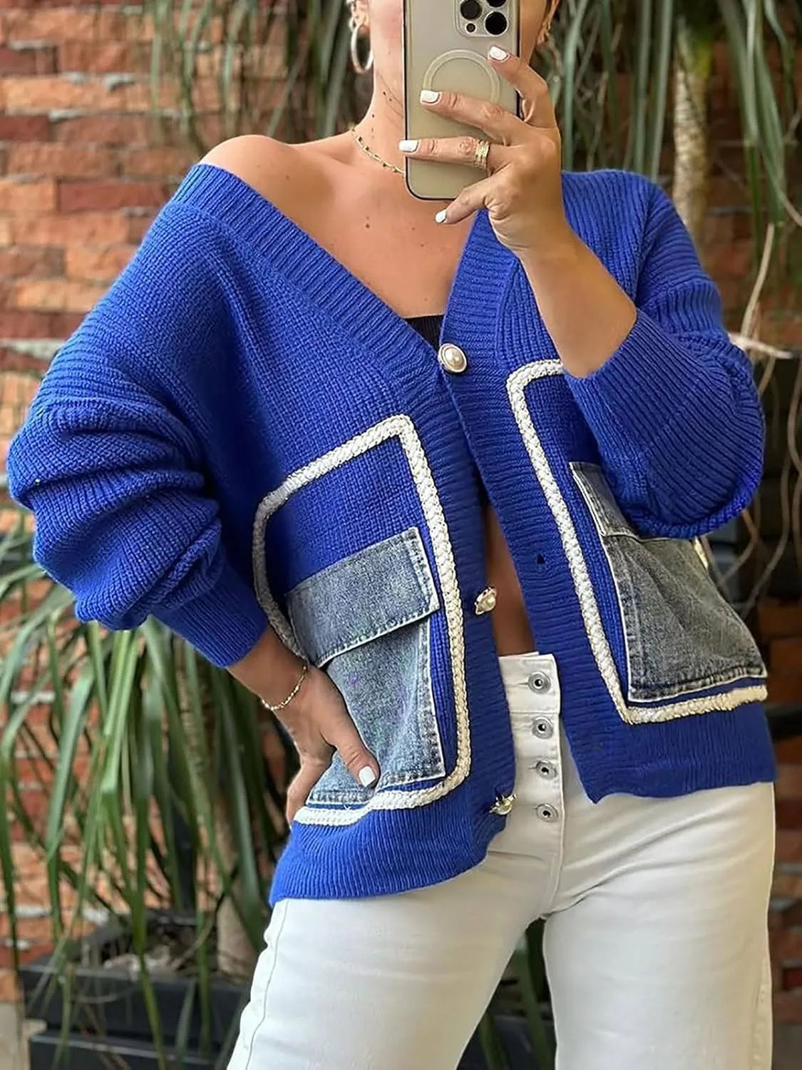 KANSOON Cardigan Sweaters for Women Casual Open Front Button Down Denim Patchwork Loose Knit Outerwear with Pockets
