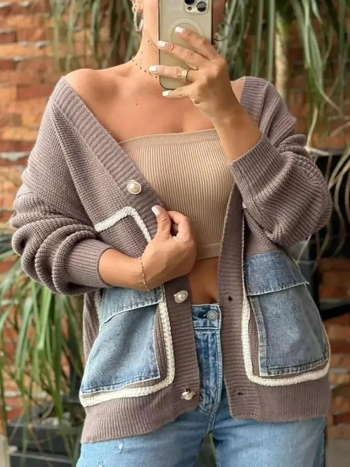 KANSOON Cardigan Sweaters for Women Casual Open Front Button Down Denim Patchwork Loose Knit Outerwear with Pockets