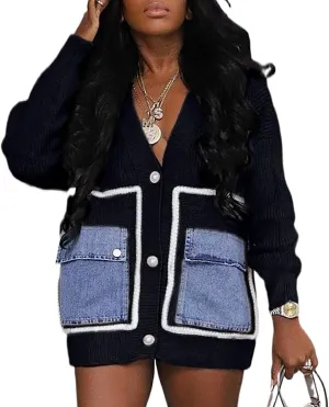 KANSOON Cardigan Sweaters for Women Casual Open Front Button Down Denim Patchwork Loose Knit Outerwear with Pockets