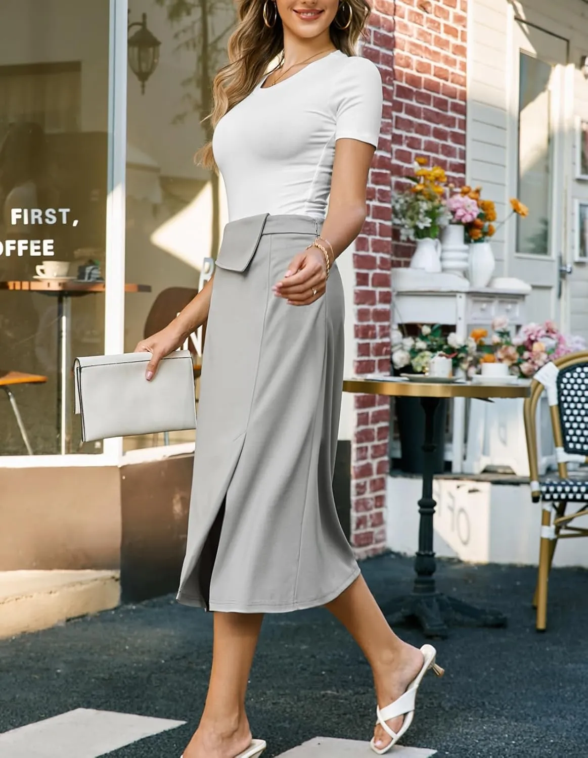 Kate Kasin Women's High Waist A Line Midi Skirt Slit Elegant Modest Long Skirts Casual Church Work Office Business Wear