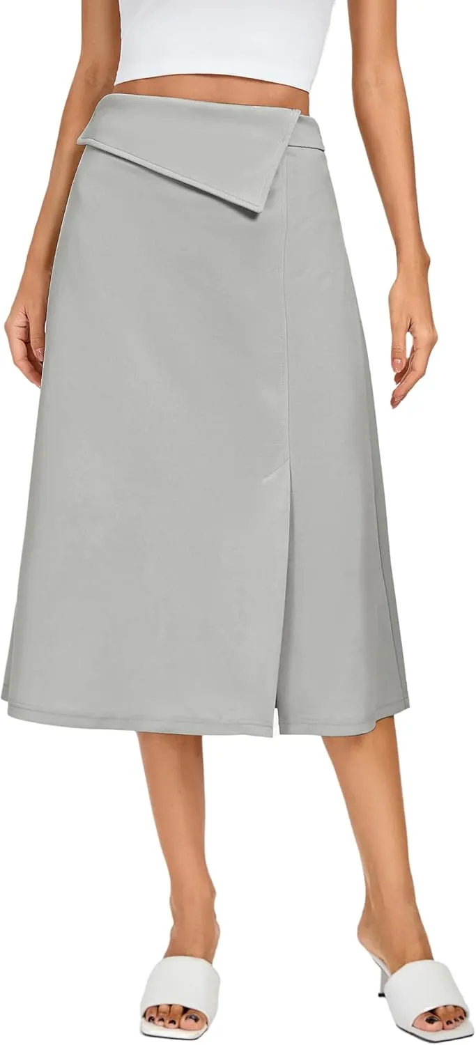 Kate Kasin Women's High Waist A Line Midi Skirt Slit Elegant Modest Long Skirts Casual Church Work Office Business Wear