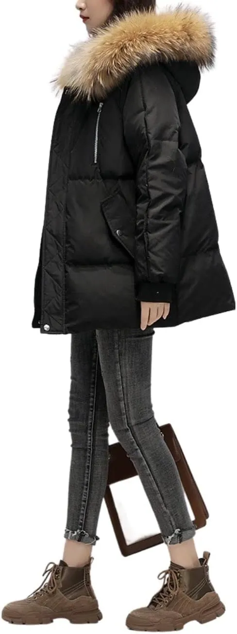 Kinkia Women's Faux Fur Quilted Hooded Jacket Casual Lightweight Cotton Padded Warm Down Coat