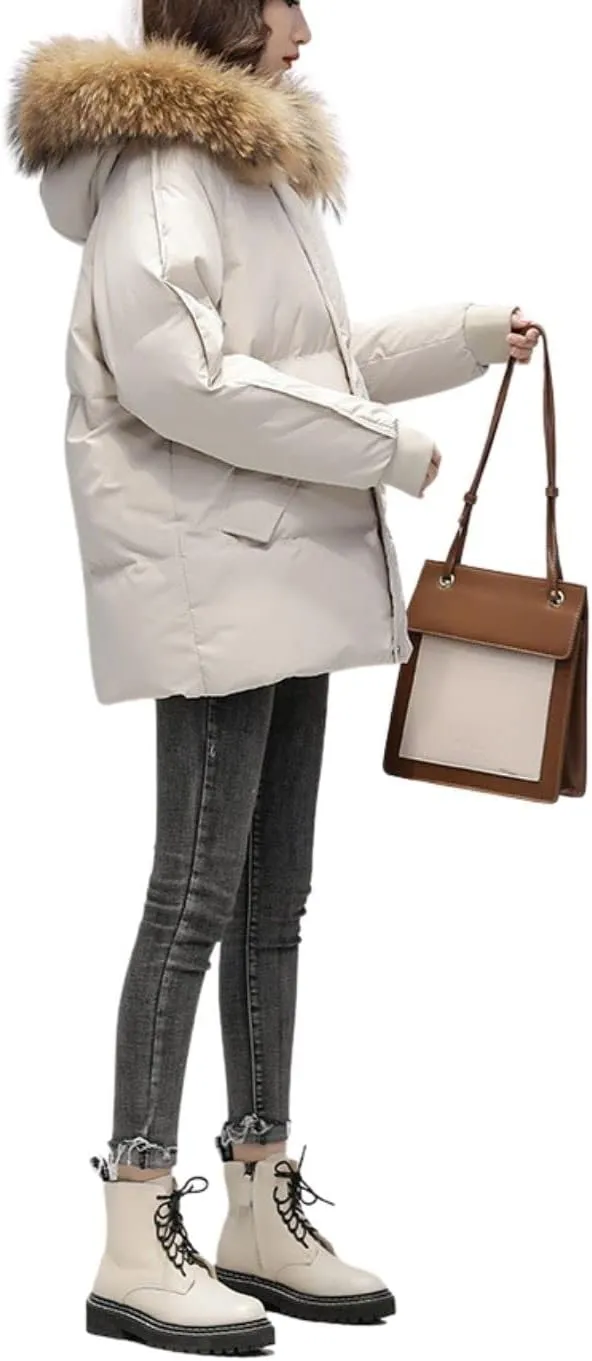 Kinkia Women's Faux Fur Quilted Hooded Jacket Casual Lightweight Cotton Padded Warm Down Coat