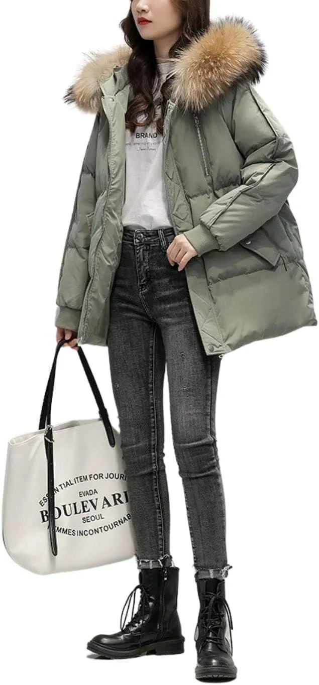 Kinkia Women's Faux Fur Quilted Hooded Jacket Casual Lightweight Cotton Padded Warm Down Coat
