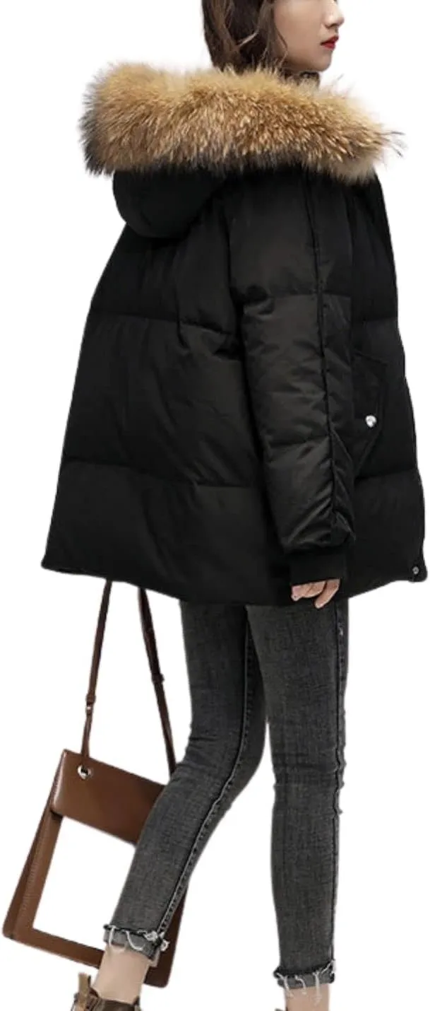 Kinkia Women's Faux Fur Quilted Hooded Jacket Casual Lightweight Cotton Padded Warm Down Coat