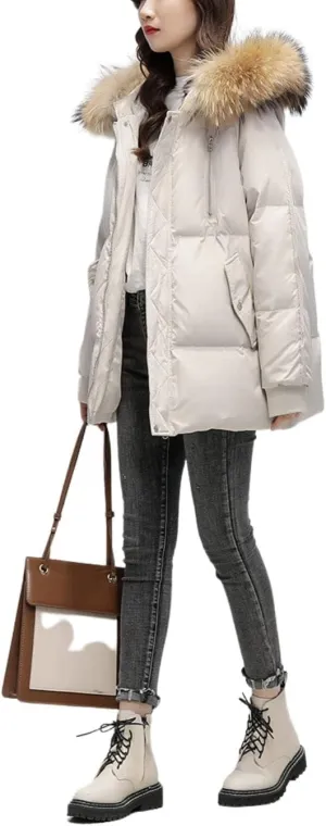 Kinkia Women's Faux Fur Quilted Hooded Jacket Casual Lightweight Cotton Padded Warm Down Coat