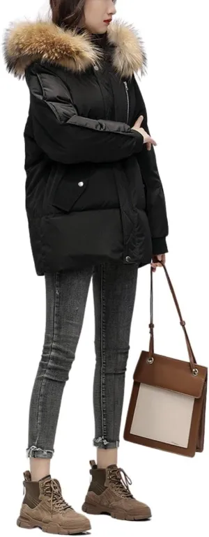 Kinkia Women's Faux Fur Quilted Hooded Jacket Casual Lightweight Cotton Padded Warm Down Coat