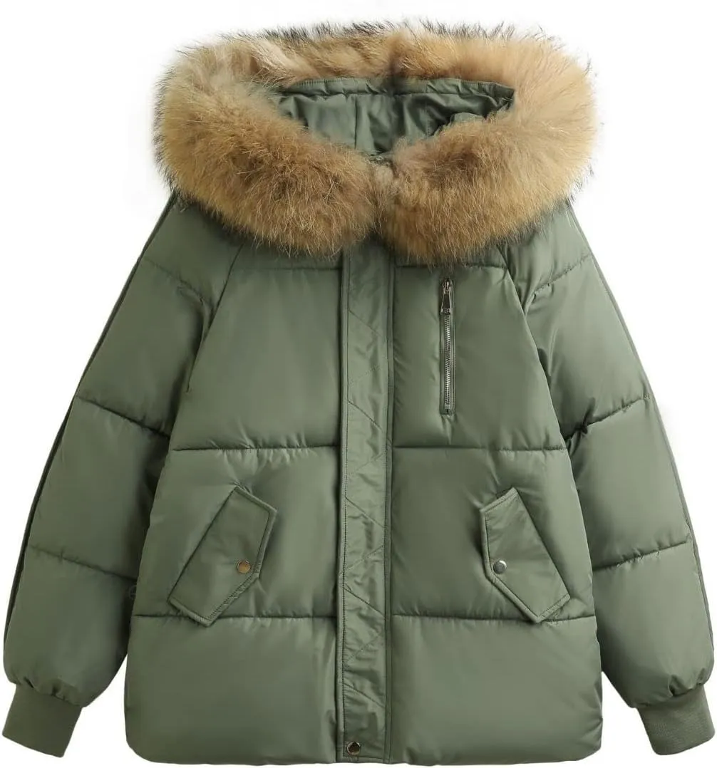 Kinkia Women's Faux Fur Quilted Hooded Jacket Casual Lightweight Cotton Padded Warm Down Coat