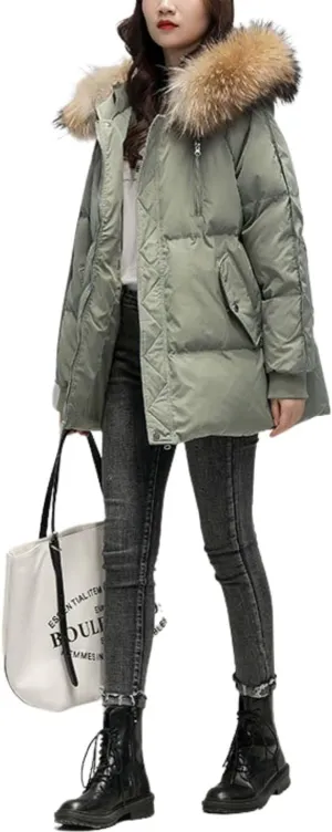 Kinkia Women's Faux Fur Quilted Hooded Jacket Casual Lightweight Cotton Padded Warm Down Coat