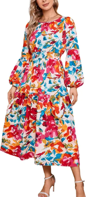 Kormei Women Casual Boho Floral Round Neck Puff Long Sleeve Smocked Waist Tiered A Line Flowy Swing Long Maxi Dress