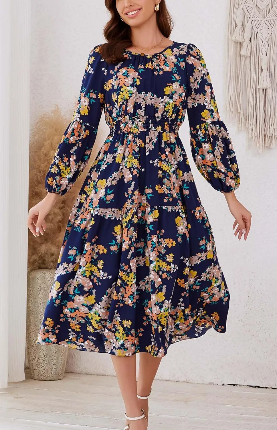 Kormei Women Casual Boho Floral Round Neck Puff Long Sleeve Smocked Waist Tiered A Line Flowy Swing Long Maxi Dress