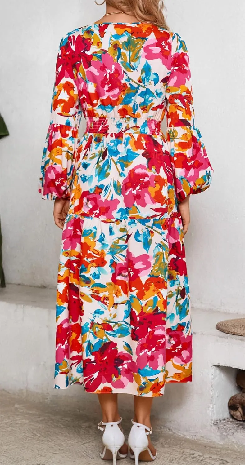 Kormei Women Casual Boho Floral Round Neck Puff Long Sleeve Smocked Waist Tiered A Line Flowy Swing Long Maxi Dress