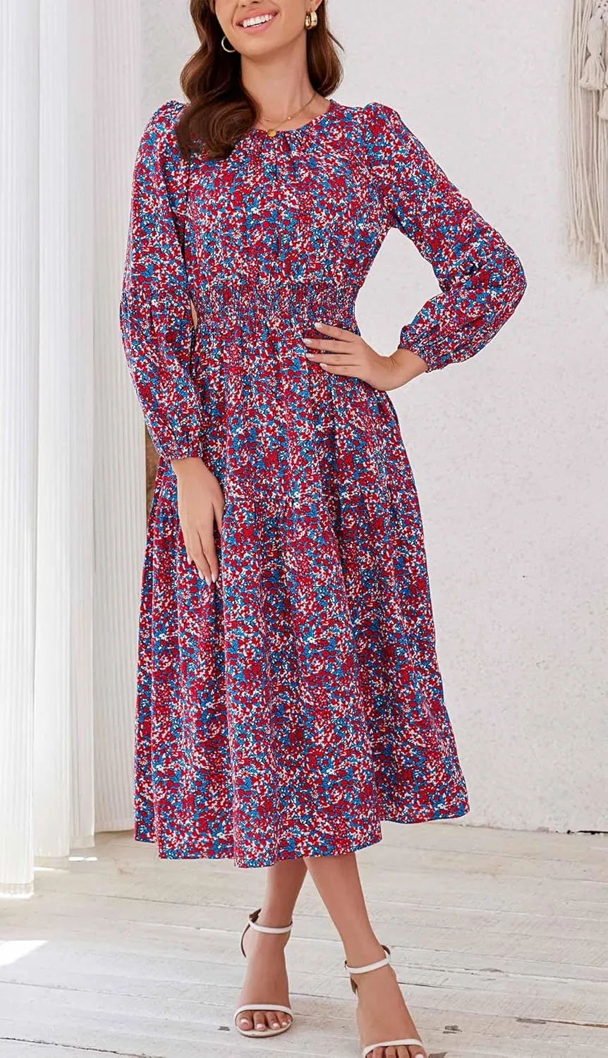 Kormei Women Casual Boho Floral Round Neck Puff Long Sleeve Smocked Waist Tiered A Line Flowy Swing Long Maxi Dress