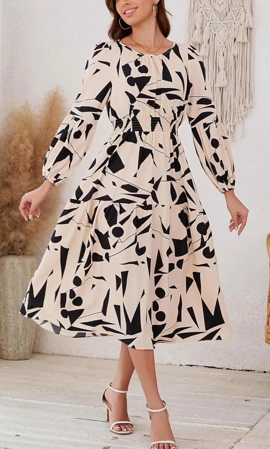 Kormei Women Casual Boho Floral Round Neck Puff Long Sleeve Smocked Waist Tiered A Line Flowy Swing Long Maxi Dress