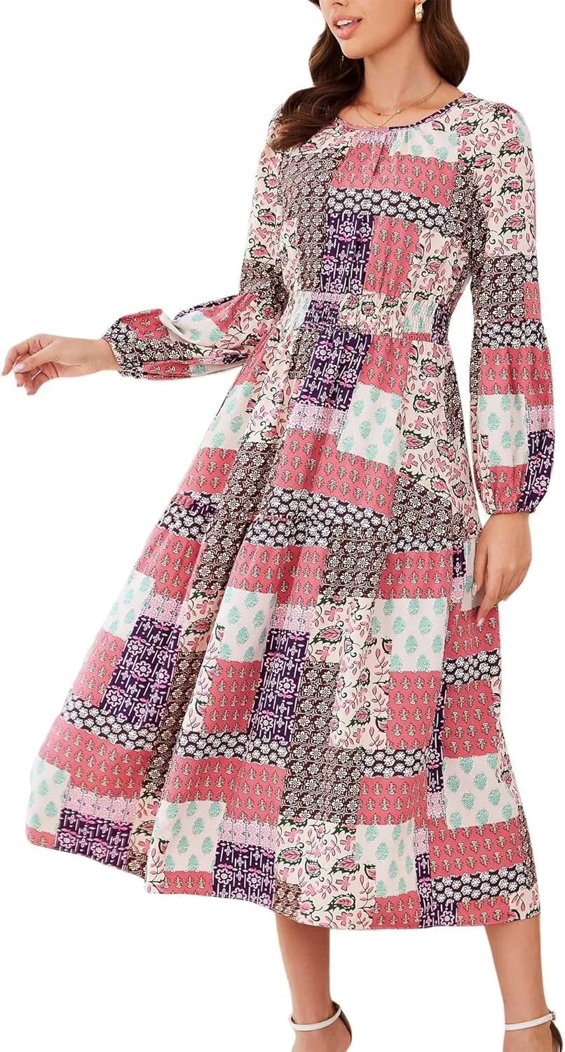 Kormei Women Casual Boho Floral Round Neck Puff Long Sleeve Smocked Waist Tiered A Line Flowy Swing Long Maxi Dress