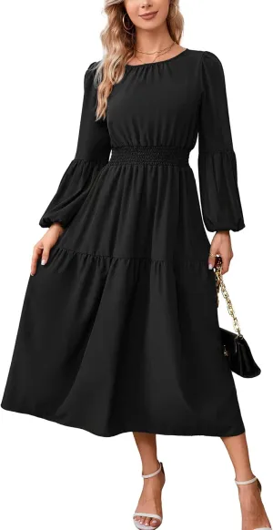 Kormei Women Casual Boho Floral Round Neck Puff Long Sleeve Smocked Waist Tiered A Line Flowy Swing Long Maxi Dress