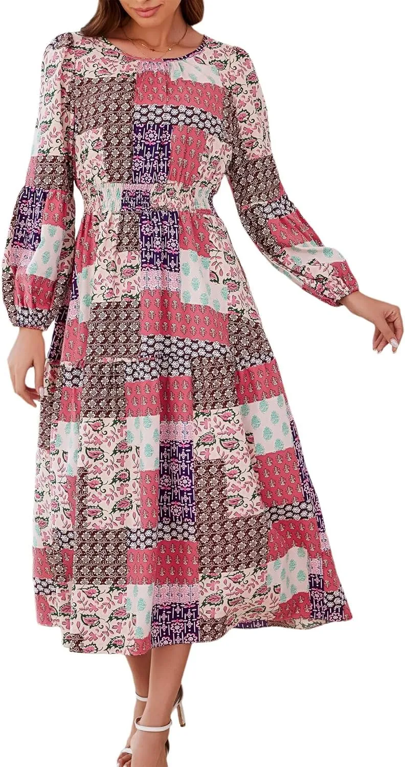 Kormei Women Casual Boho Floral Round Neck Puff Long Sleeve Smocked Waist Tiered A Line Flowy Swing Long Maxi Dress