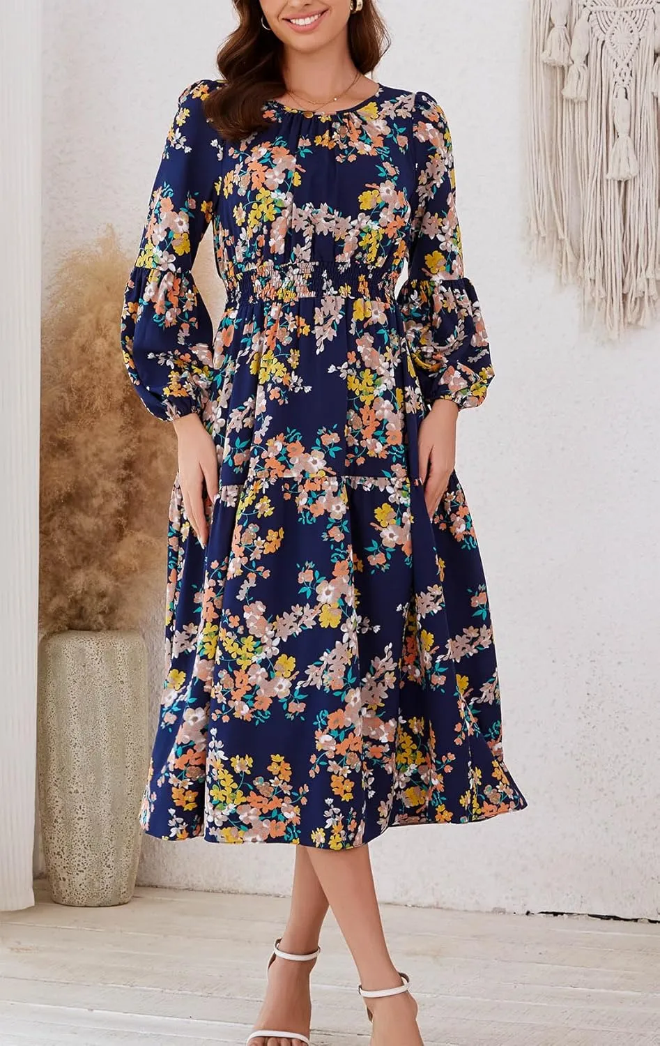 Kormei Women Casual Boho Floral Round Neck Puff Long Sleeve Smocked Waist Tiered A Line Flowy Swing Long Maxi Dress