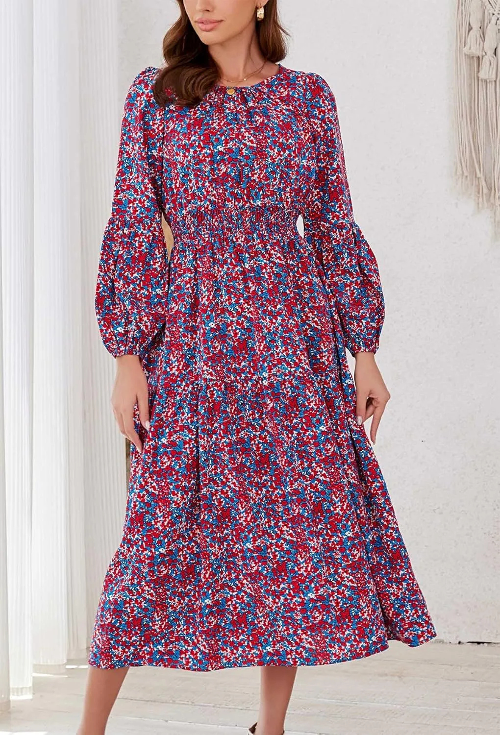 Kormei Women Casual Boho Floral Round Neck Puff Long Sleeve Smocked Waist Tiered A Line Flowy Swing Long Maxi Dress