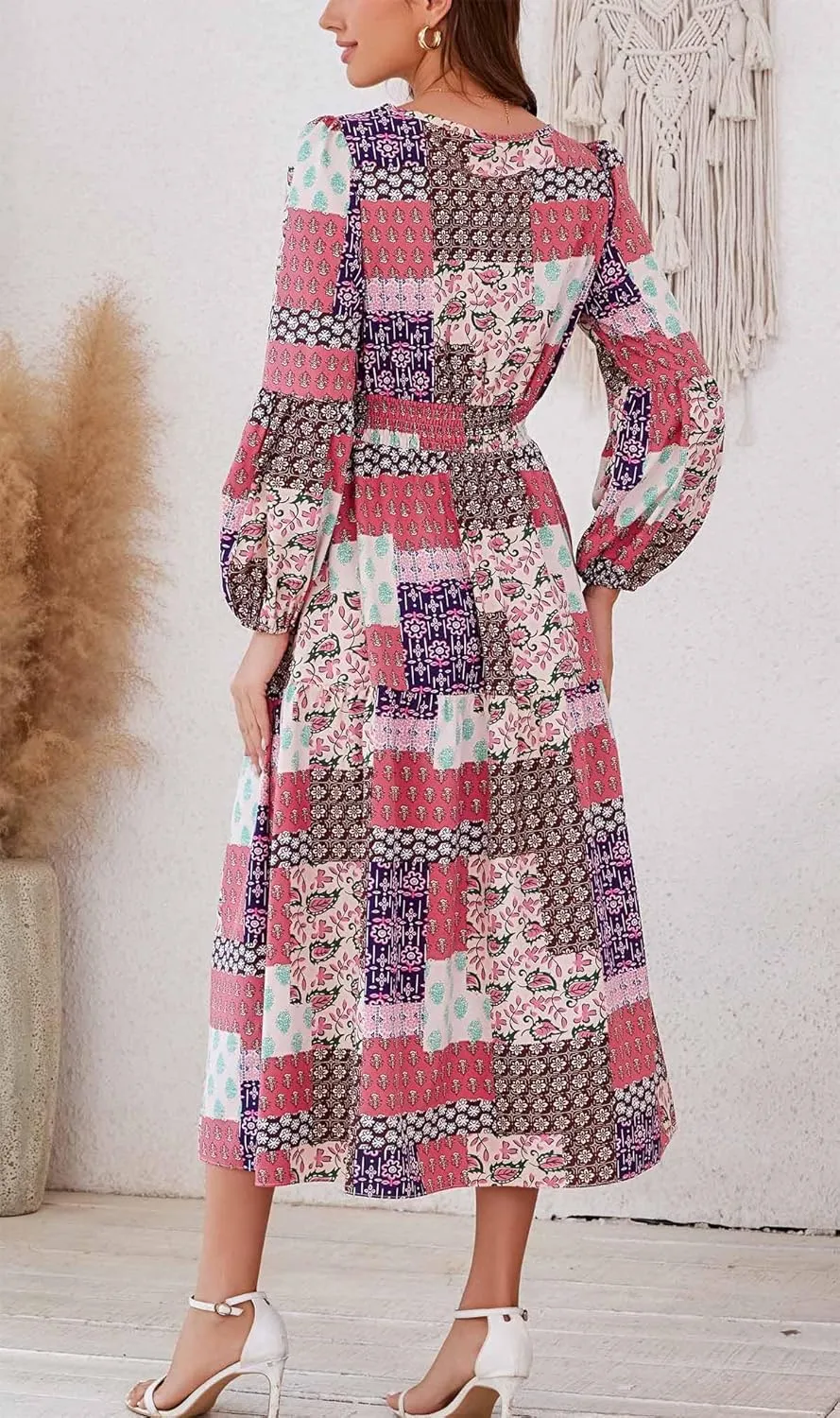 Kormei Women Casual Boho Floral Round Neck Puff Long Sleeve Smocked Waist Tiered A Line Flowy Swing Long Maxi Dress