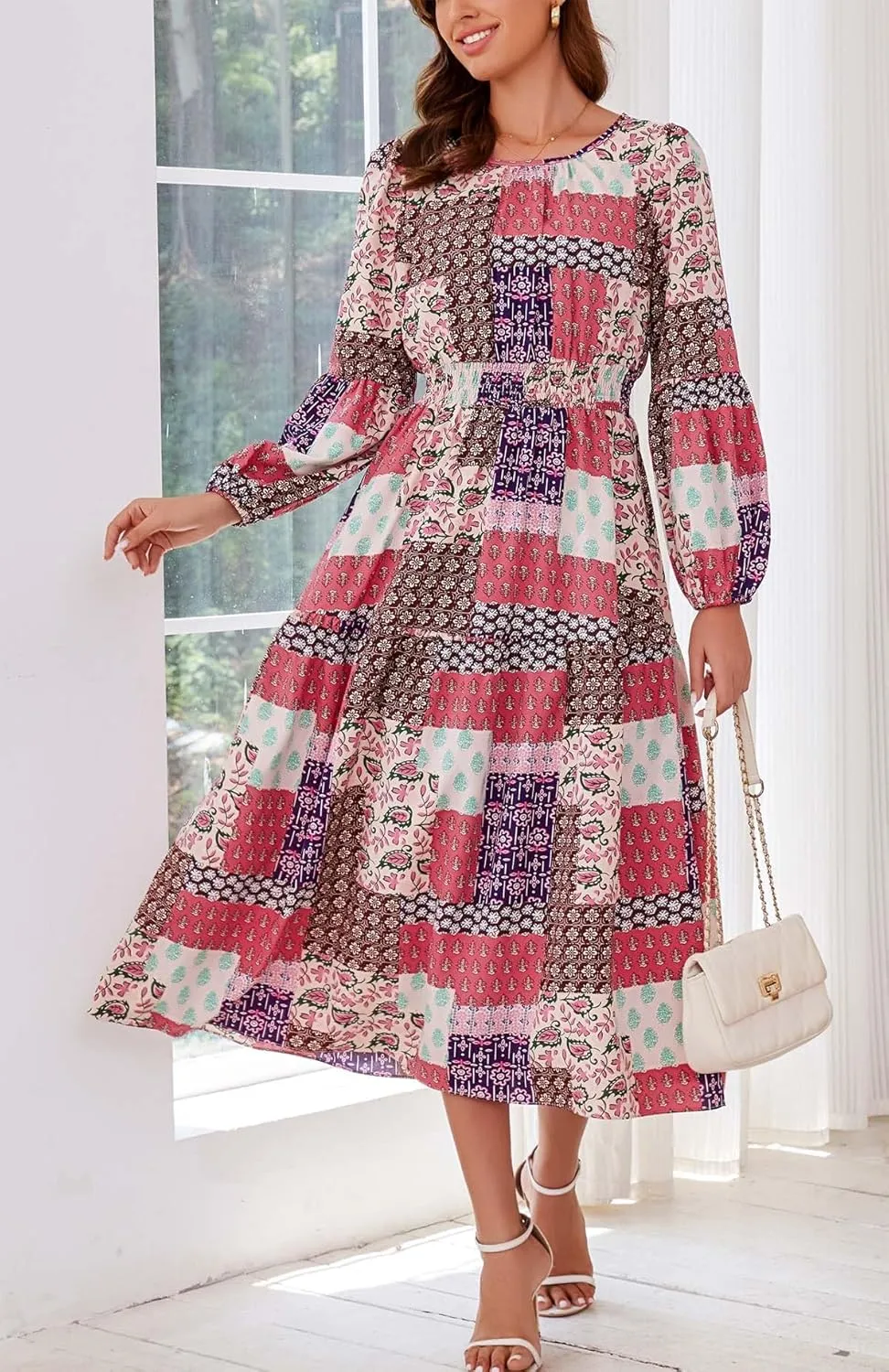 Kormei Women Casual Boho Floral Round Neck Puff Long Sleeve Smocked Waist Tiered A Line Flowy Swing Long Maxi Dress