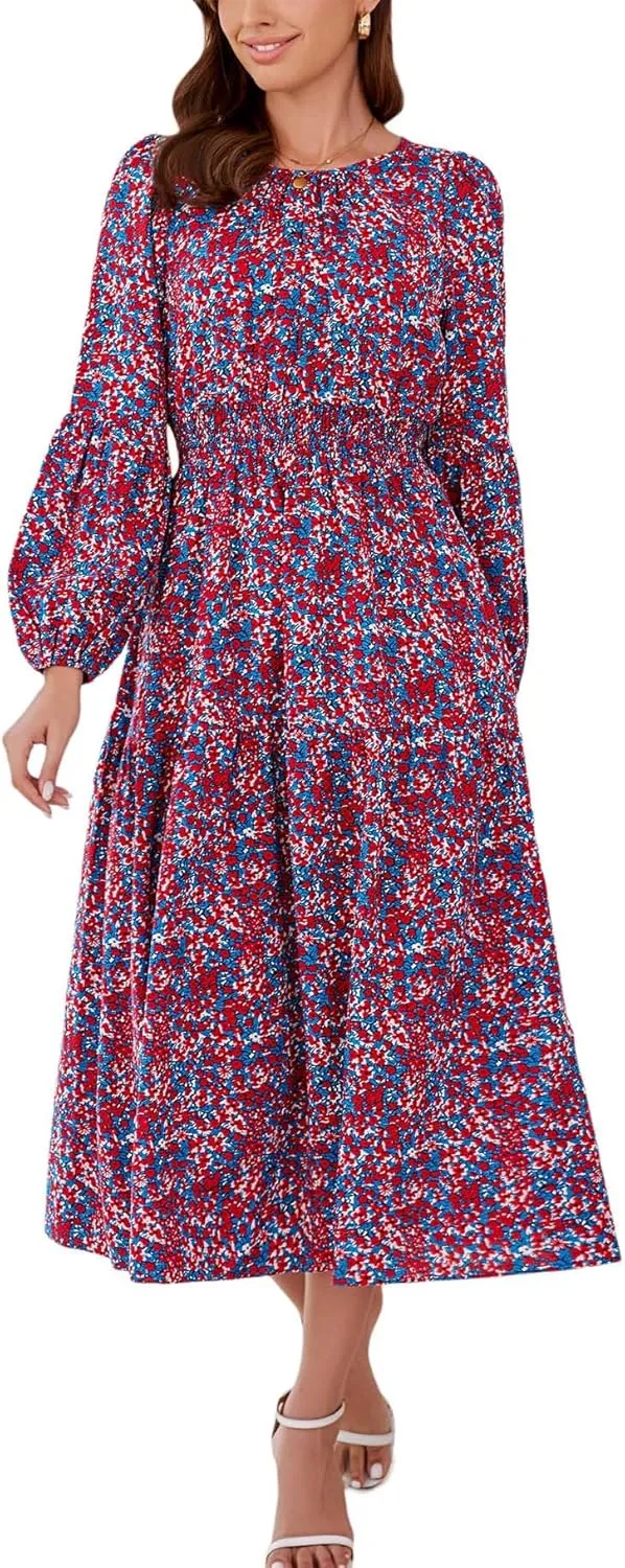Kormei Women Casual Boho Floral Round Neck Puff Long Sleeve Smocked Waist Tiered A Line Flowy Swing Long Maxi Dress