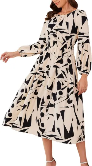 Kormei Women Casual Boho Floral Round Neck Puff Long Sleeve Smocked Waist Tiered A Line Flowy Swing Long Maxi Dress